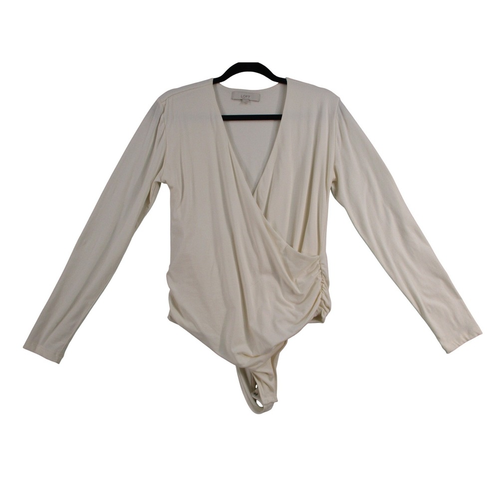 Loft Womens Cream Long Sleeve Wrap Bodysuit Surplice Ruched Size L